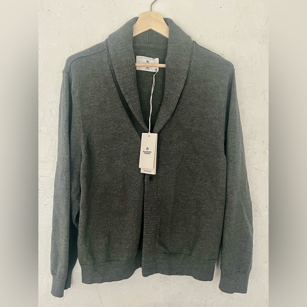 NWT: Reigning Champ Cotton Shawl Collar Cardigan in Heather-Carbon (Retail $188)
